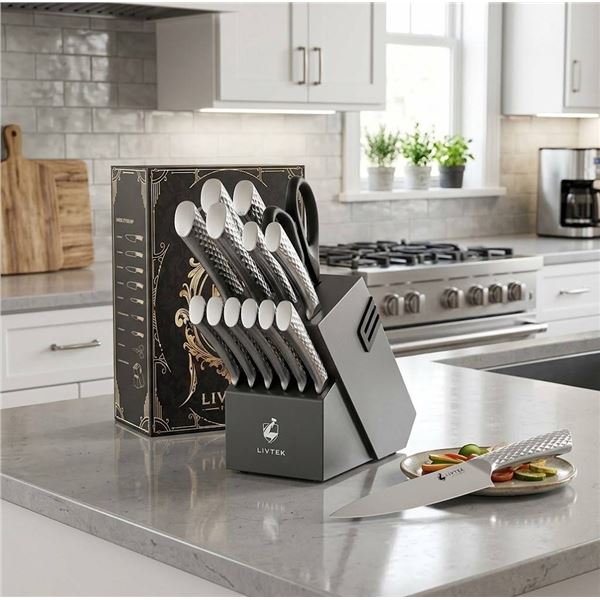 LIVTEK Milky Way 15-Piece Set German High-Carbon Stainless Steel with Built-in Sharpener - Full Tang