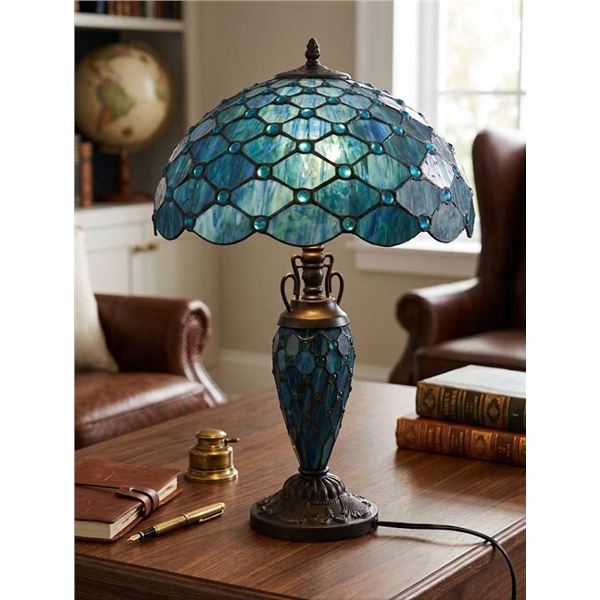 Blue Stained Glass Table Lamp With Ornate Base
