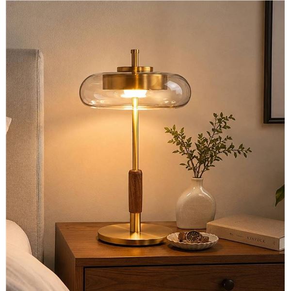 Brass and Glass Table Lamp with Wood Accent