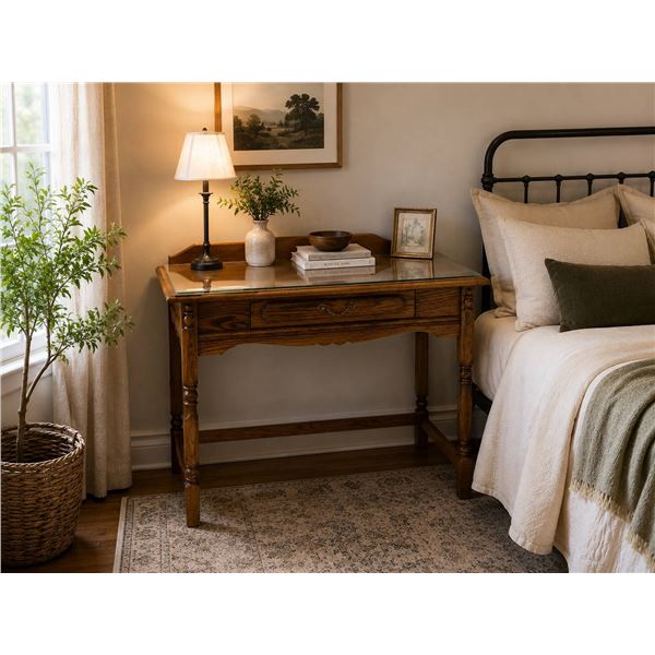Wood Writing Desk with Glass Top and Drawer