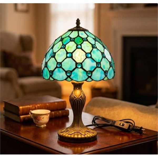 Art Nouveau Brass Table Lamp with Stained Glass Shade