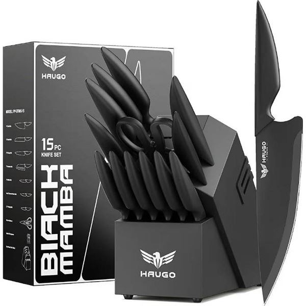 Haugo Black Mamba Knife Set With Block, 15-Piece Stainless Steel, Dishwasher Safe with built in Shar