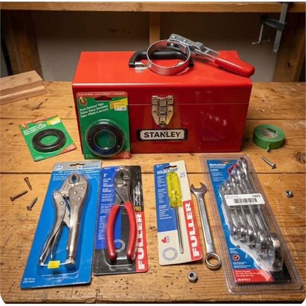 Stanley Red Metal Tool Box With Assorted Tools