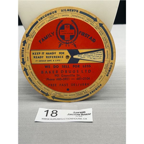 Vintage First Aid Wheel Baker Drugs Granville St