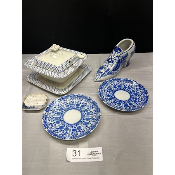 Lot of Vintage Blue Porcelain Dishes Decorative Shoe