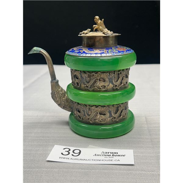 Antique Chinese Jade Enamel Silver Teapot Outstanding