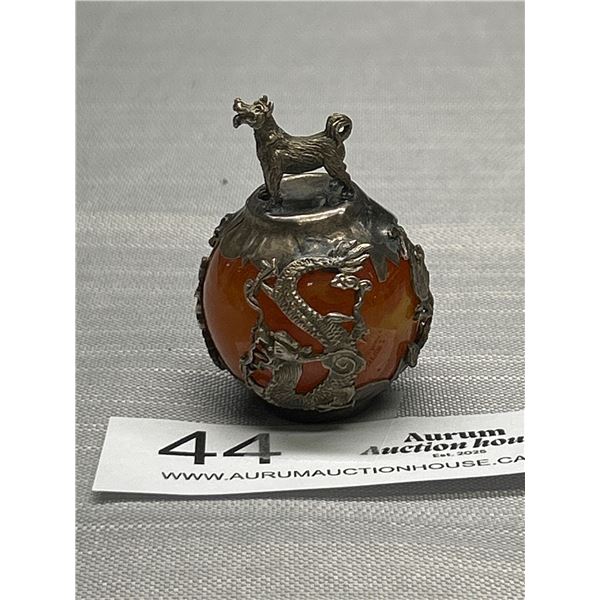 Antique Chinese Silver Overlay Amber Ornament