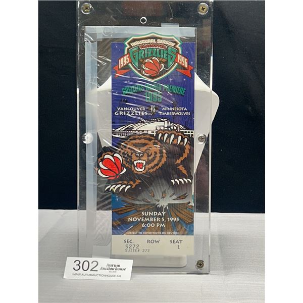 Very Rare - Unused Vancouver Grizzlies 1995 Innagural Game Suite Ticket in acrylic slab