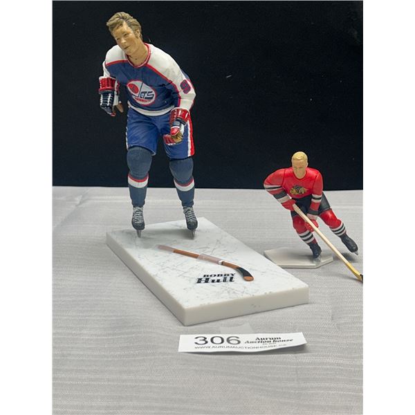 2007 Bobby Hull Winnipeg Jets Statue on stand and 1995 Blackhawks Smaller Statue