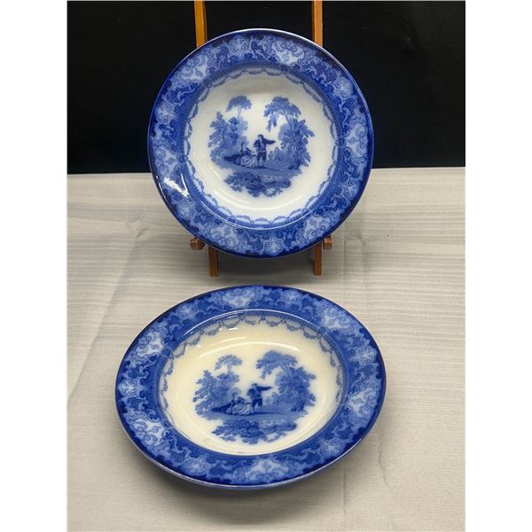 2 Antique Doulton Burslem Flow Blue Watteau Bowls 7.5in Diameter