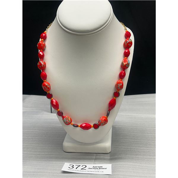 Handmade Red Glass Bead Necklace with Gold and Bulti Coloured Accents 22" Long