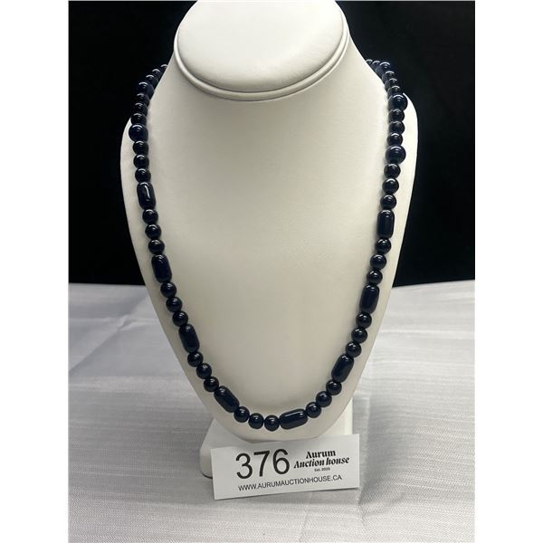 Vintage Navy Blue Beaded Necklace w Gold Tone Clasp 28" Long