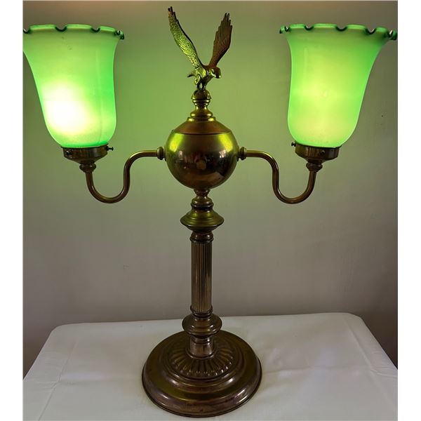 Brass Dual-Bulb Emerald Green Bankers Lamp with Eagle Finial