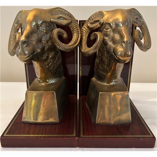 Brass Ram Head Bookends with Wood Base
