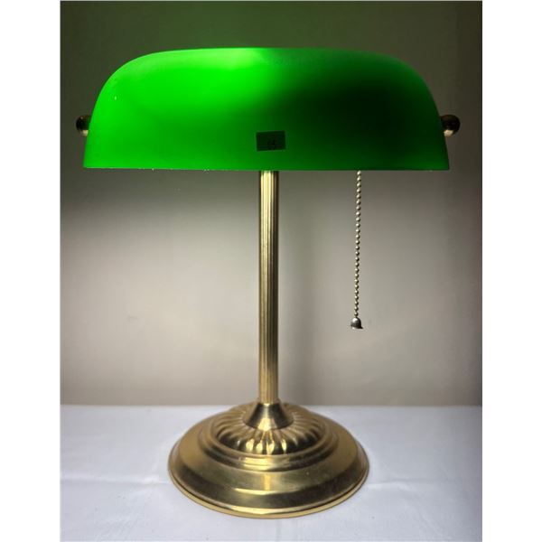 Brass Desk Lamp with Green Glass Shade and Pull Chain