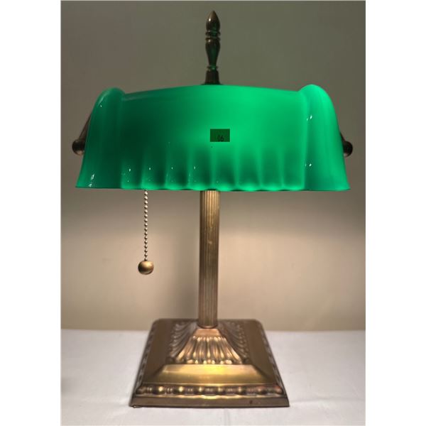 Brass Desk Lamp with Green Glass Shade and Pull Chain