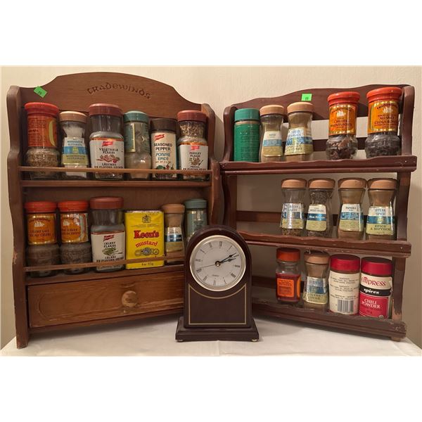 Wooden Spice Rack Lot with Assorted Spice Jars and Bombay Company Quartz Desk Clock