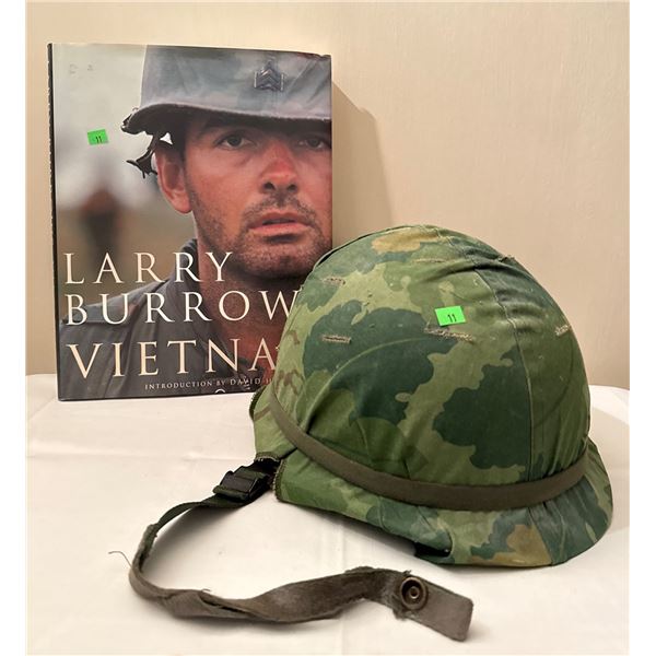 Vietnam War Book by Larry Burrows with U.S. Military Helmet and Camouflage Cover