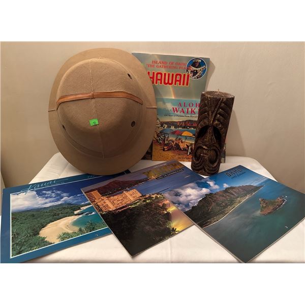 Hawaii Travel Ephemera Lot with Safari Hat, Tiki Figurine, and Calendars