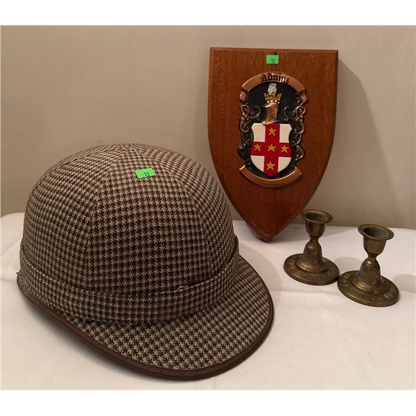Plaid Equestrian Helmet, Adams Family Crest Plaque, and Brass Candle Holders