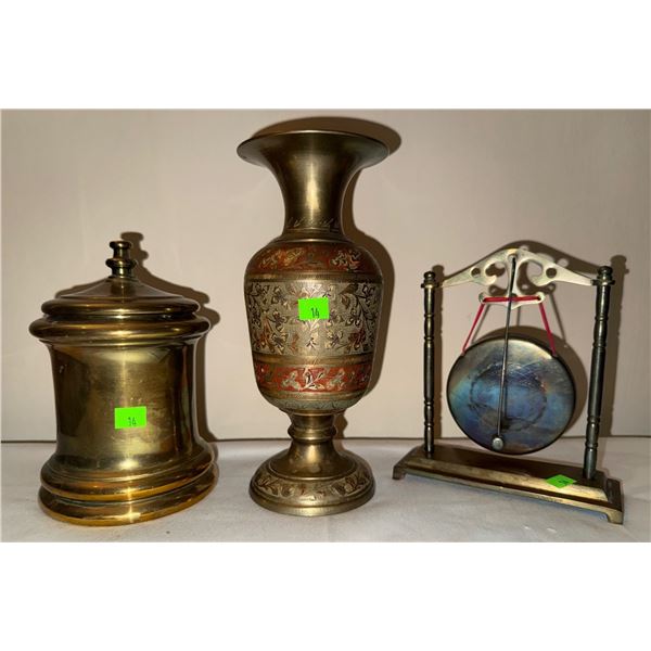 Brass Lidded Container, Engraved Brass Vase, and Table Gong Trio
