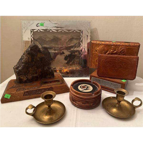 Table Lot With Candlesticks, Leather Boxes, Banff Souvenir, and Art