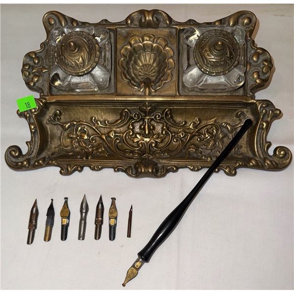 Ornate Brass Double Inkwell Set with Dip Pen and Nibs