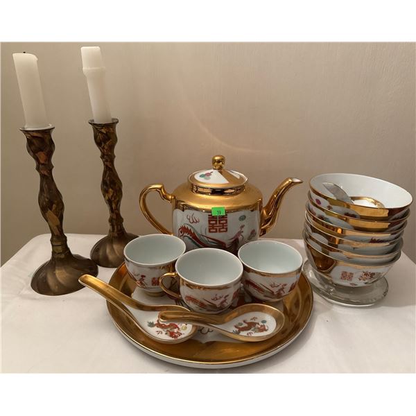 Maitian China Porcelain Gilt Tea Set With Dragon Motif and Brass Candlesticks