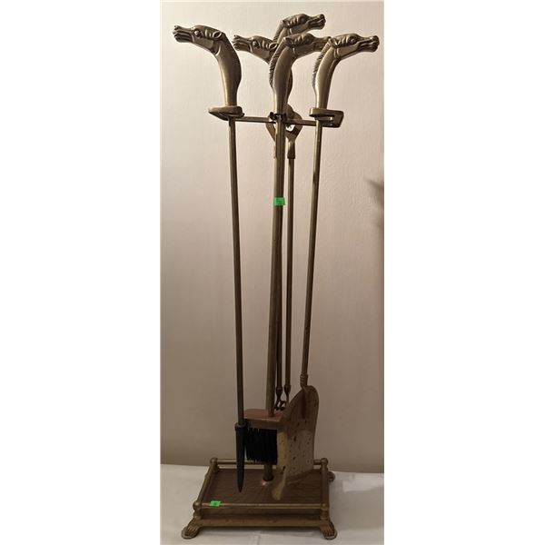 Brass Fireplace Tool Set with Horse Head Handles, 5 Pieces