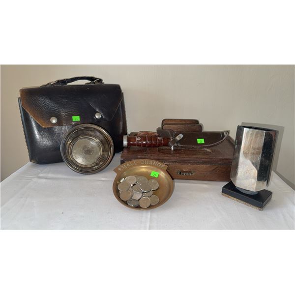 Change Dish, Wooden Jewellery Box, Fixed-Blade Knife with Sheath, and Bible with Leather Case
