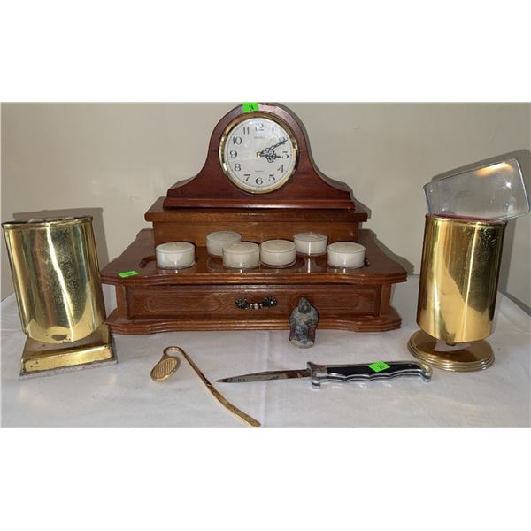 Lot With Wooden Jewellery Box, Brass Glass Holders, Knife, and more
