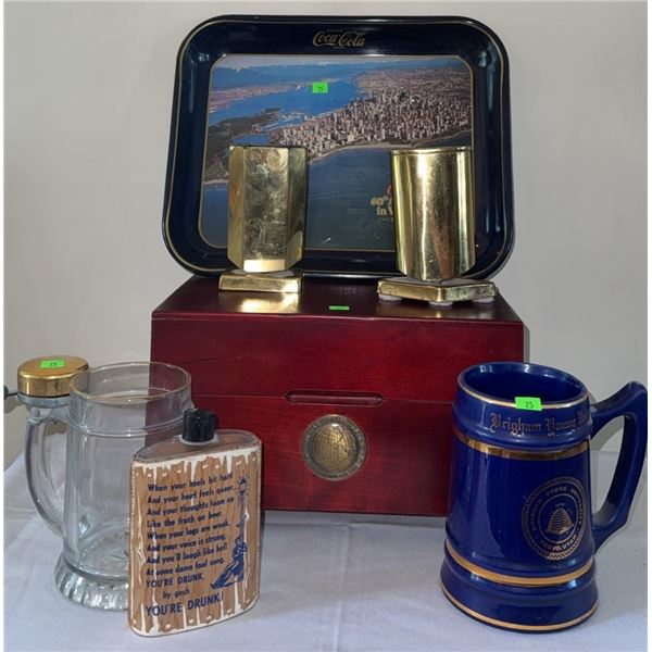 Barware, Coca-Cola Tray, BYU Mug, and National Geographic CD Set