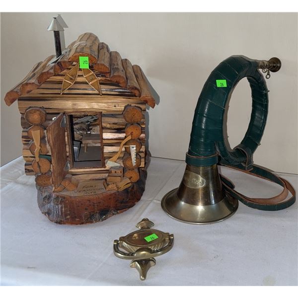 Decorative Items: Wood Cabin Model, French Horn, Brass Door Knocker and more