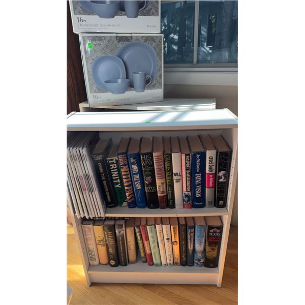 White Two-Shelf Bookcase with Hardcover Books and Stoneware Dinnerware Set