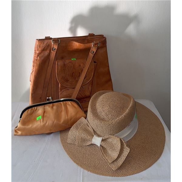 Accessories Including Tooled Leather Purse, Straw Hat With Bow, Satin Clutch, and Costume Jewellery