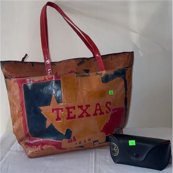 Leather Texas Tote Bag with Red Handles and Ray-Ban Aviator Sunglasses