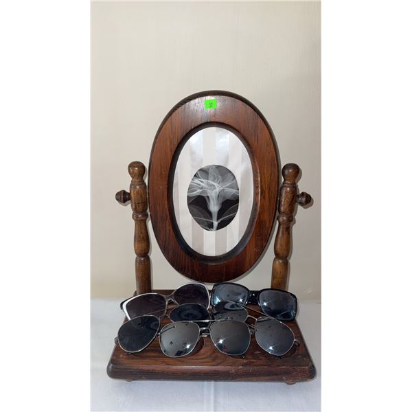 Wooden Swivel Vanity Mirror with Tray and Six Pairs Assorted Sunglasses