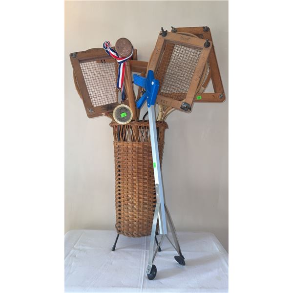 Wooden Tennis Rackets with Presses, Wicker Basket, Medal, and Picker Tool