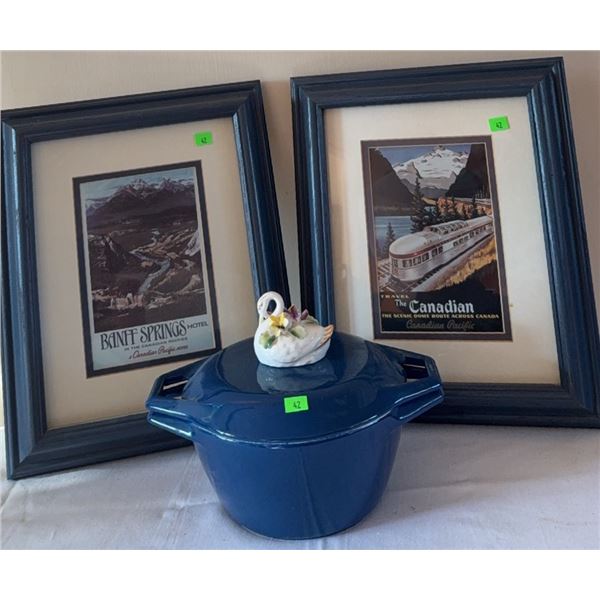 Copco Denmark Blue Enamel Cast Iron Dutch Oven with Framed Banff and Canadian Pacific Prints