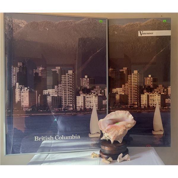 Framed Vancouver and British Columbia Posters with Conch Shell on Wooden Stand