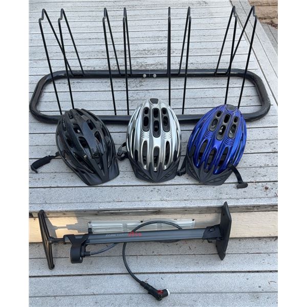 Cycling Lot with 3 Adult Bike Helmets, Bike Rack and Floor Pump