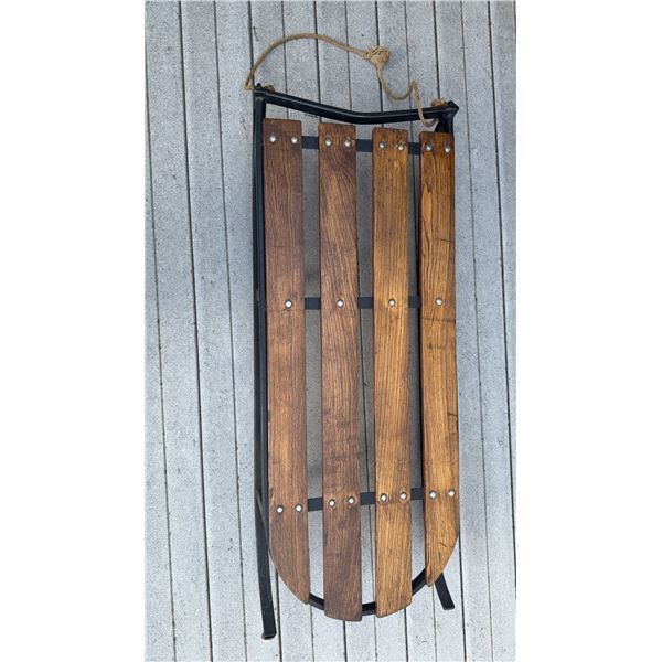 Wood and Metal Snow Sled with Rope Pull