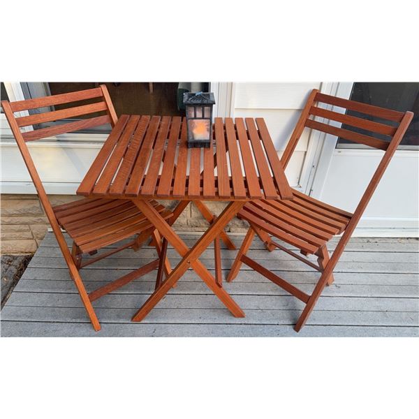 Wood Slatted Folding Patio Bistro Set with Square Table and Two Chairs