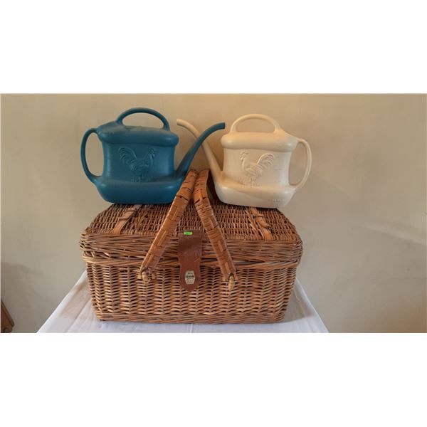 Wicker Picnic Basket with Tableware, Utensils, Two Plastic Watering Cans