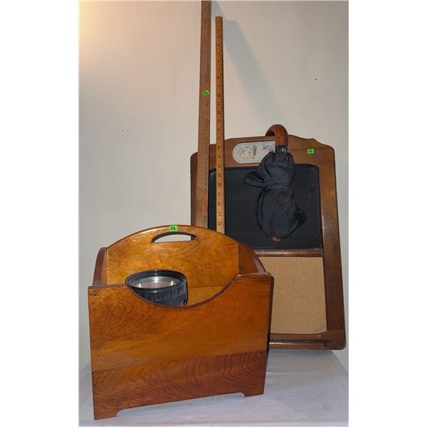 Lot: Wood Magazine Rack, Blackboard With Umbrella, 2 Yardsticks, Orange Flashlight
