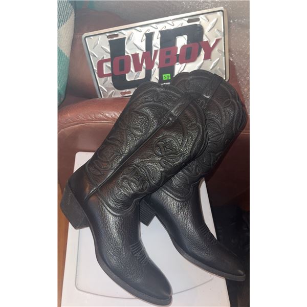 Black Leather Western Cowboy Boots Size 9.5 B With Decorative Stitching