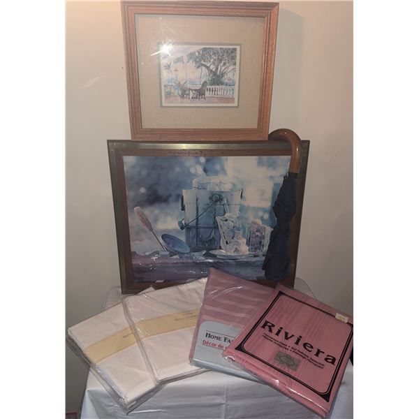 Framed Prints, Packaged Tablecloths, and Curved Handle Umbrella Assortment