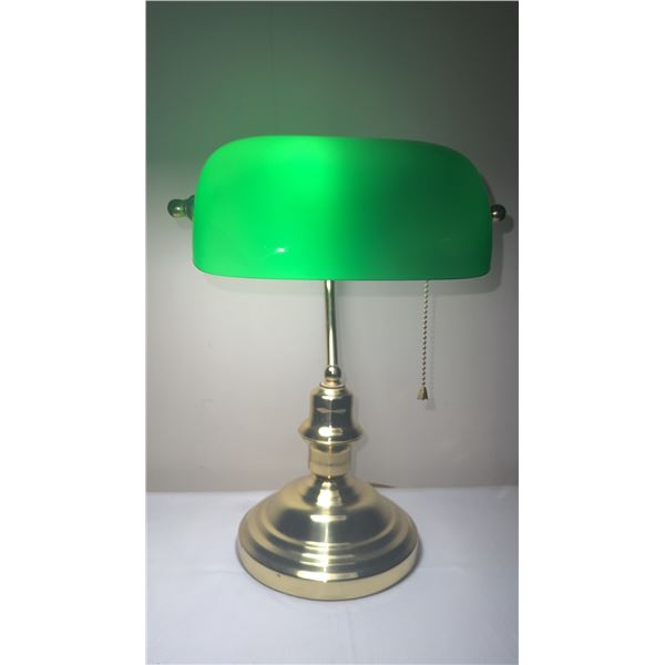 Brass Desk Lamp with Green Glass Shade and Pull Chain
