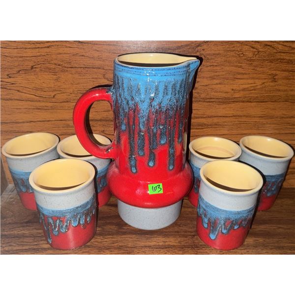 Drip Glaze Pottery Pitcher and Six Tumblers Set