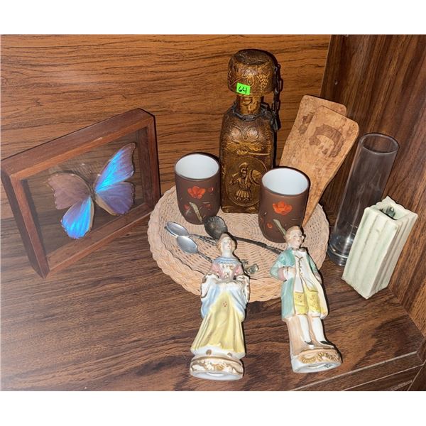 Decorative Lot: Framed Butterfly, Porcelain Figures, Carved Bottle, Cups, Glass, Ceramic